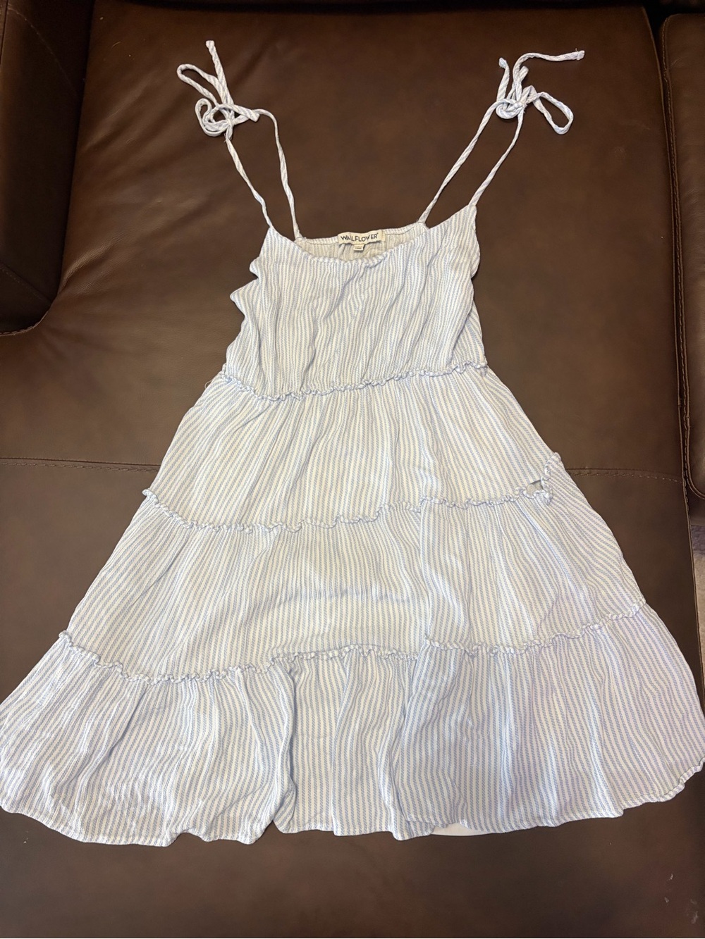 Wallflower Light Blue and White Striped Tie-Shoulder Tiered Sundress